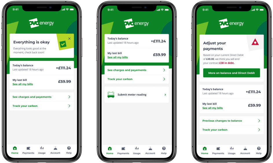 OVO Energy app home screen designs